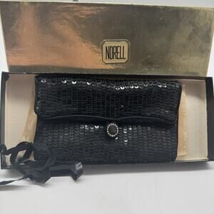 NORELL Vtg BLACK SEQUIN SILK Clutch Purse Evening Bag Handbag Pouchette W/Box
